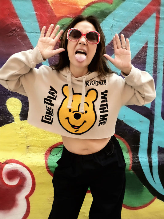 FOMO Collection Winnie The Pooh Come Play With Me  Raw Cut Crop Top Hoodie  - L - 10140