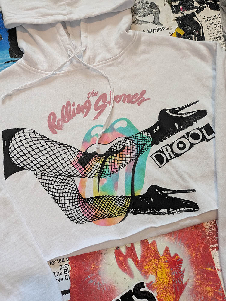 FOMO Collection Rolling Stones Legs Raw Cut Crop Top Hoodie - Small - 10330