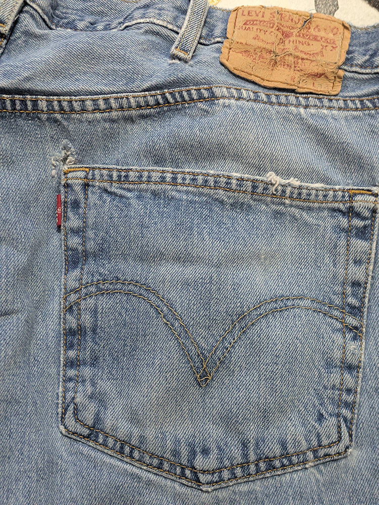 FOMO Collection - DISTRESSED Levi Button Fly Manifesto Denim Jorts - waist = 38" - 1382