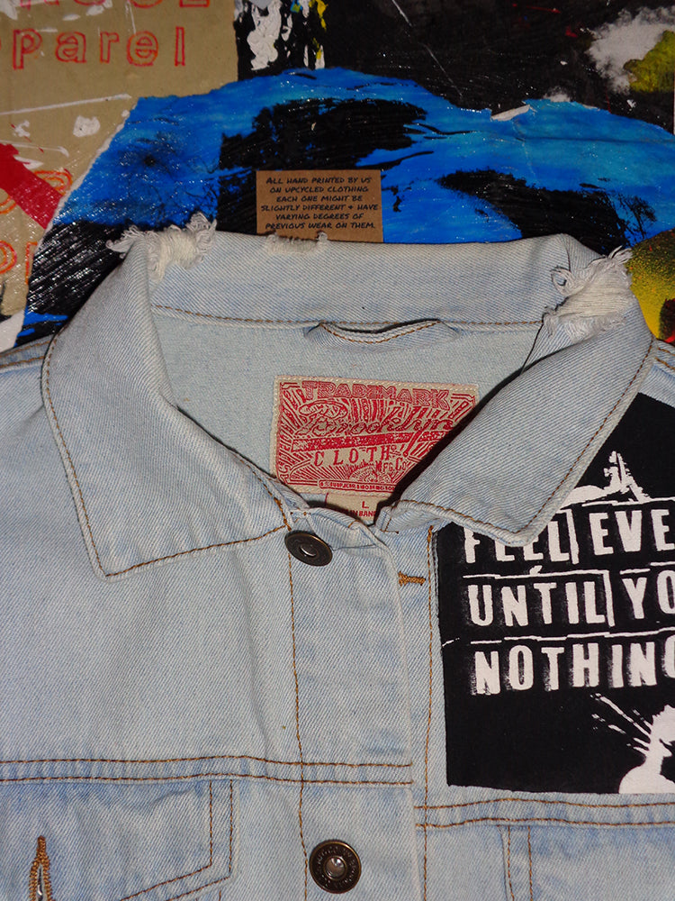 FOMO Collection - DISTRESSED Brooklyn Origin Story Denim Jacket  - L - 14632