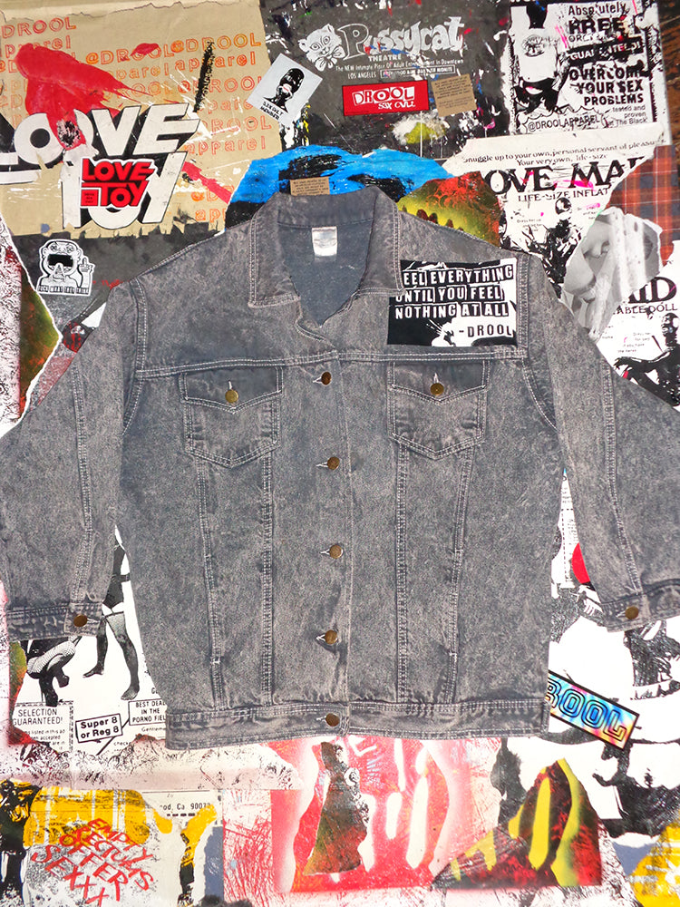 FOMO Collection - Vintage Sears(Mid-80s Acid Wash Made in USA) Origin Story / Feel Everything Denim Jacket  - L(Women's)(18" sleeves potentially 3/4 sleeves) - 14746