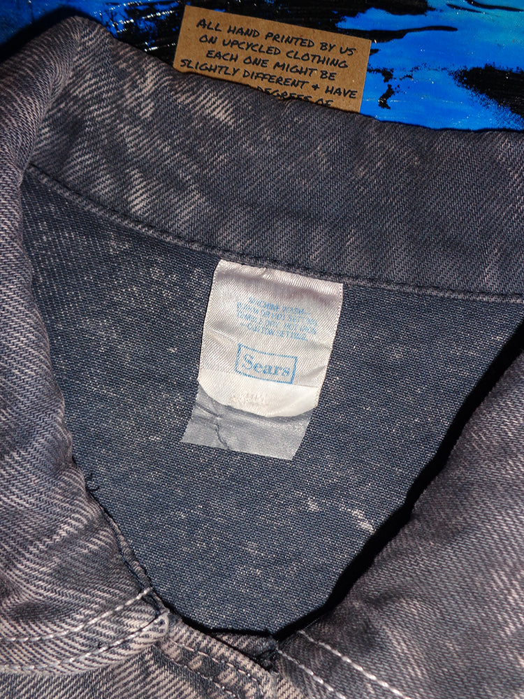 FOMO Collection - Vintage Sears(Mid-80s Acid Wash Made in USA) Origin Story / Feel Everything Denim Jacket  - L(Women's)(18" sleeves potentially 3/4 sleeves) - 14746
