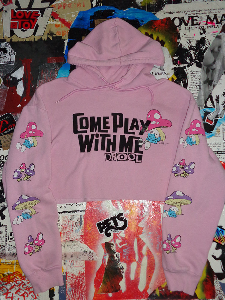 FOMO Collection - DISTRESSED Smurfs Come Play With Me Raw Cut Crop Top Hoodie  - L - 14818