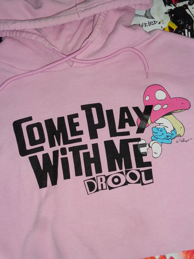 FOMO Collection - DISTRESSED Smurfs Come Play With Me Raw Cut Crop Top Hoodie  - L - 14818