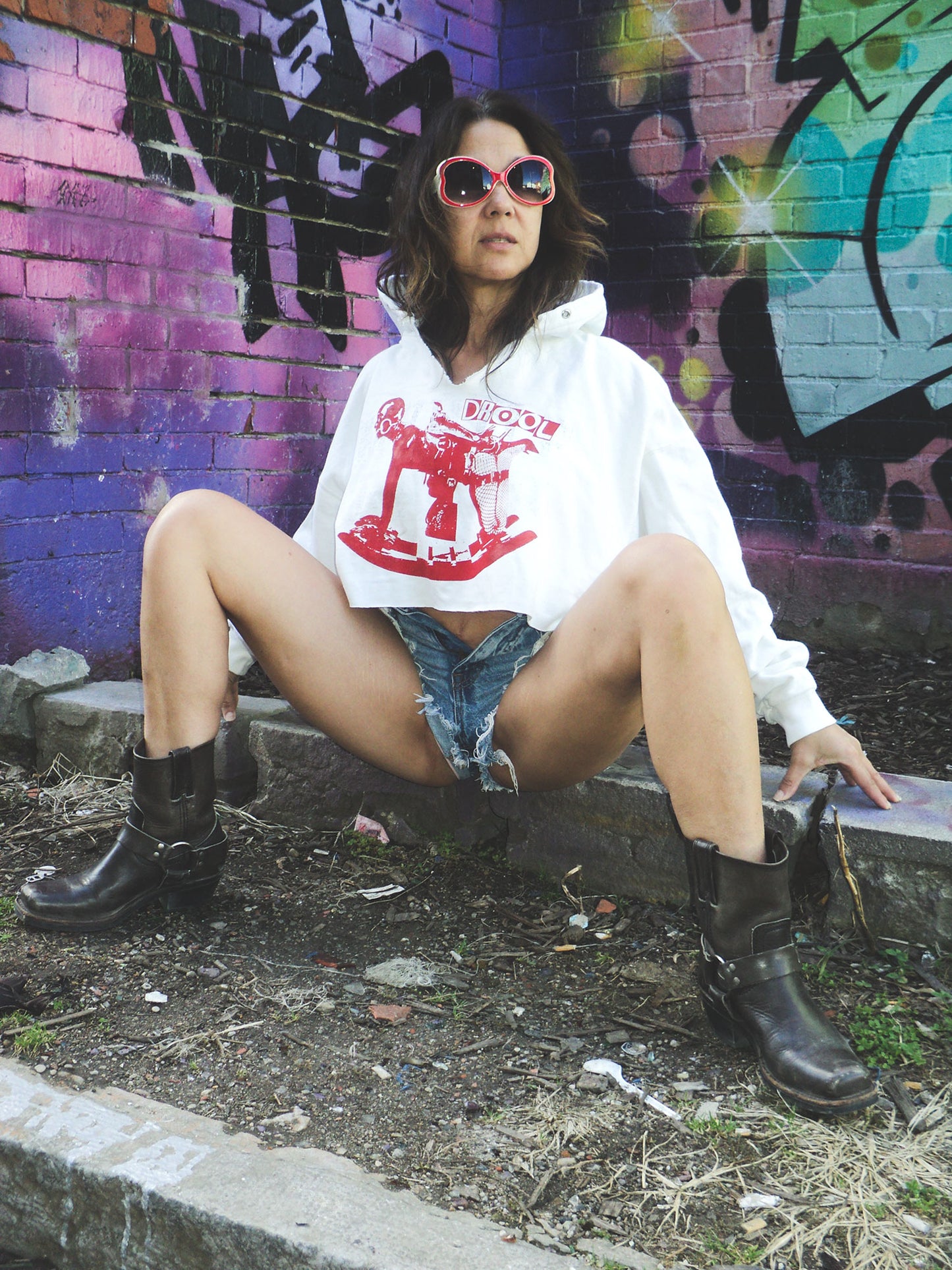 FOMO Collection - DISTRESSED Rubber Pony Raw Cut Crop Top Hoodie  - XL - 12726