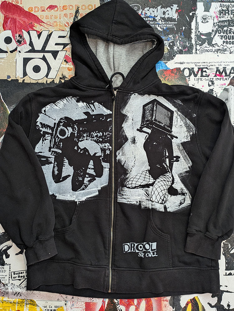 FOMO Collection - DISTRESSED Collage Box Head / Rubber Pup Heavyweight Thermal Lined Zip Up Hoodie - Extra Large - 8326