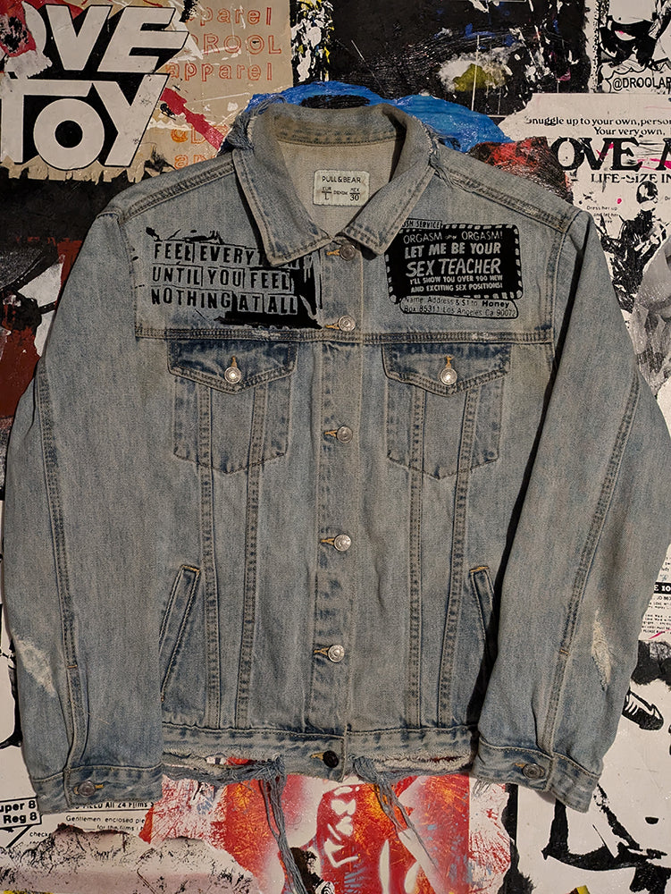 FOMO Collection DISTRESSED Collage Manifesto Denim Jacket - L - 8830