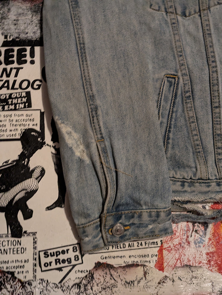 FOMO Collection DISTRESSED Collage Manifesto Denim Jacket - L - 8830