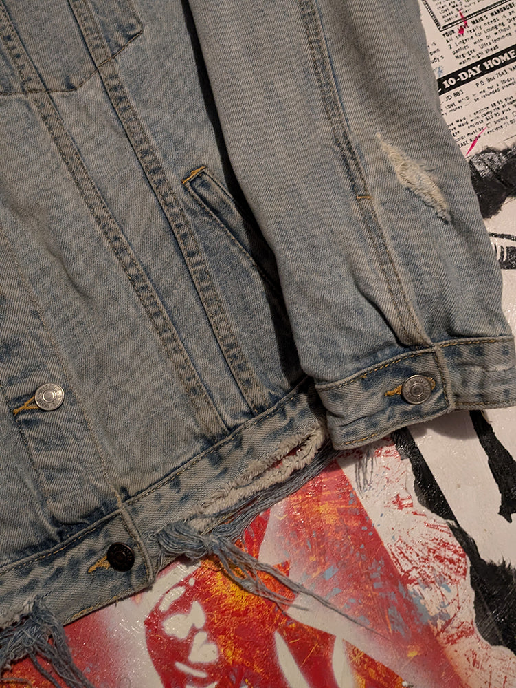 FOMO Collection DISTRESSED Collage Manifesto Denim Jacket - L - 8830
