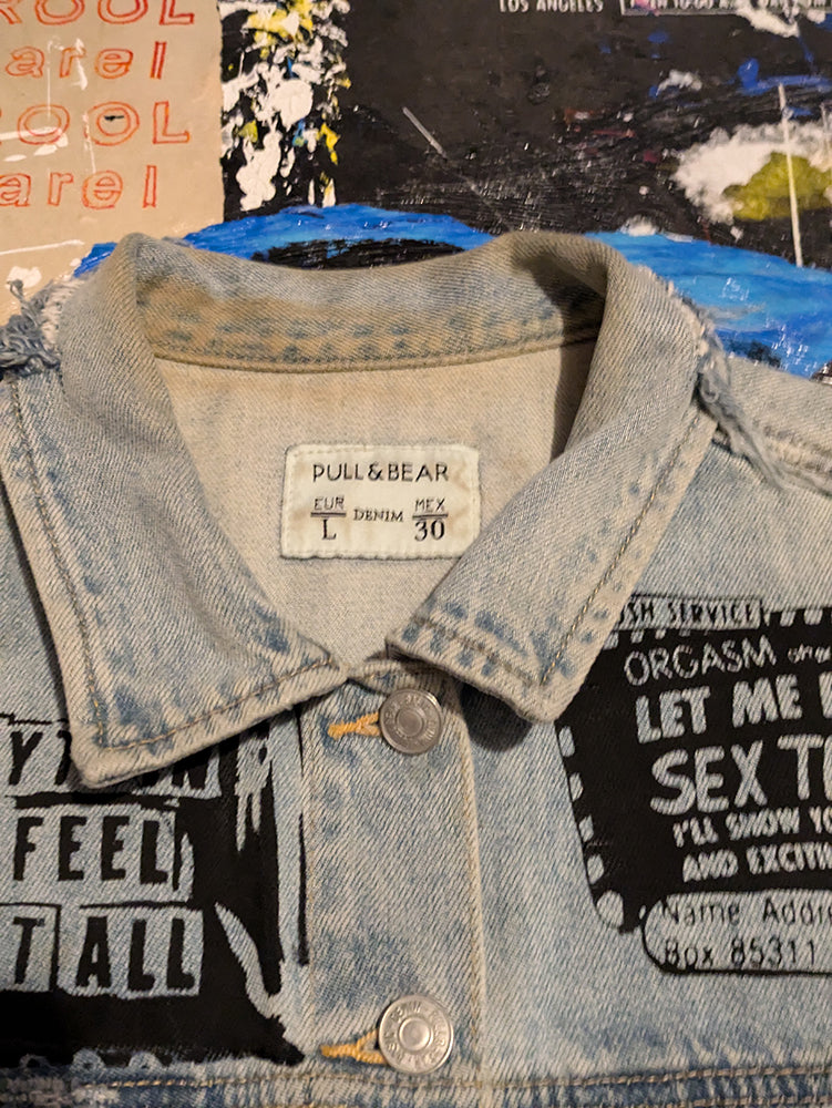 FOMO Collection DISTRESSED Collage Manifesto Denim Jacket - L - 8830