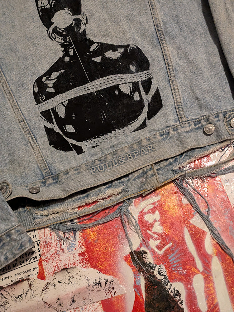 FOMO Collection DISTRESSED Collage Manifesto Denim Jacket - L - 8830