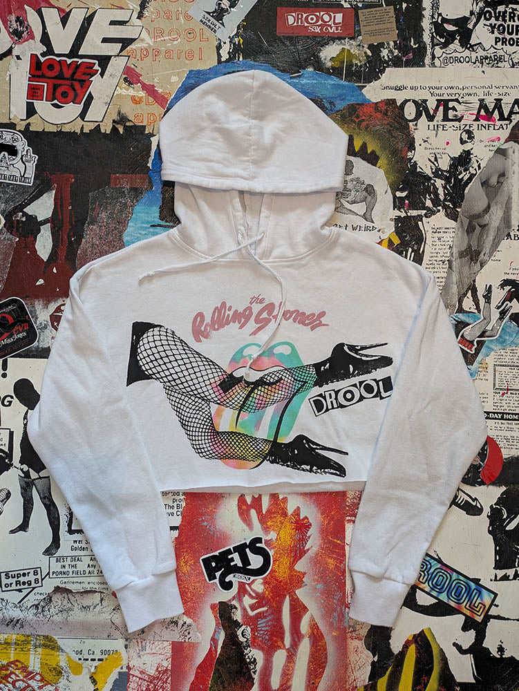 FOMO Collection Rolling Stones Legs Raw Cut Crop Top Hoodie  - Small - 10330
