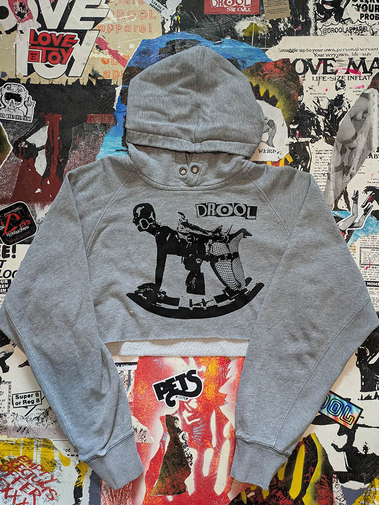 FOMO Collection DISTRESSED Rubber Pony Raw Cut Crop Top Hoodie  - Large - 10333