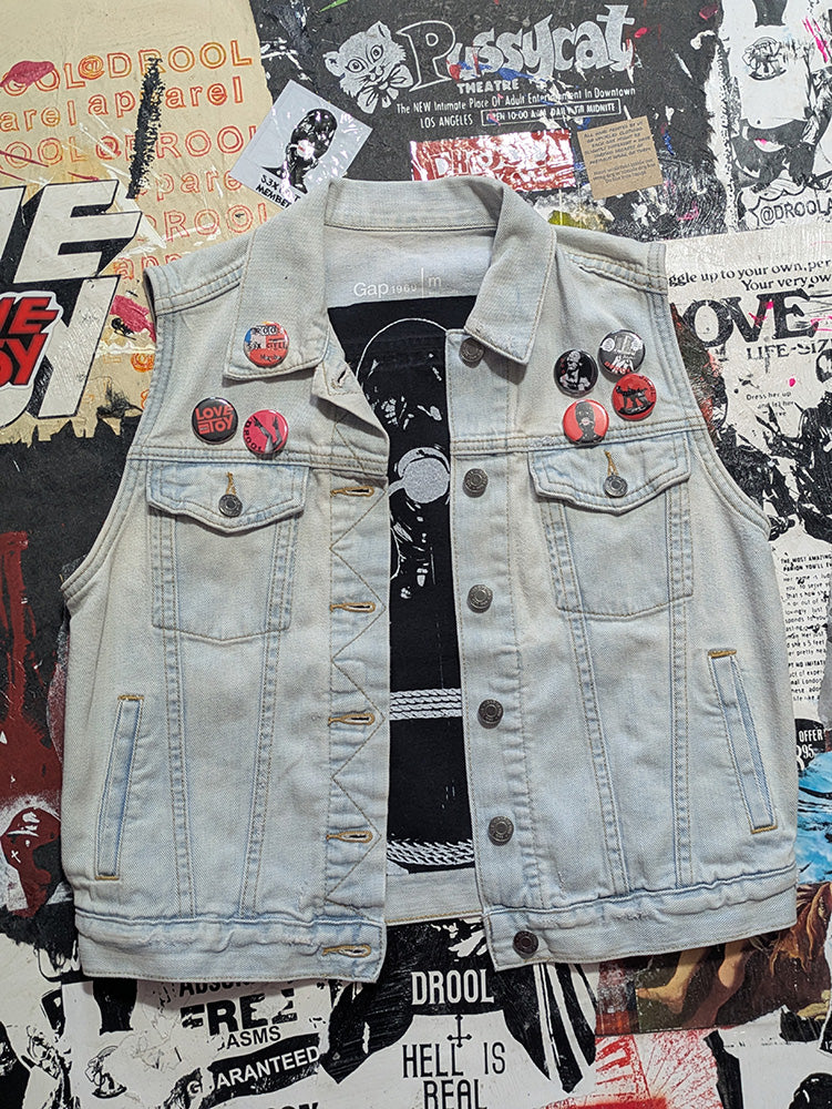 FOMO Collection - Gap Drool buttons, hand studded / Drool Doll lined Denim Vest - M - 11935