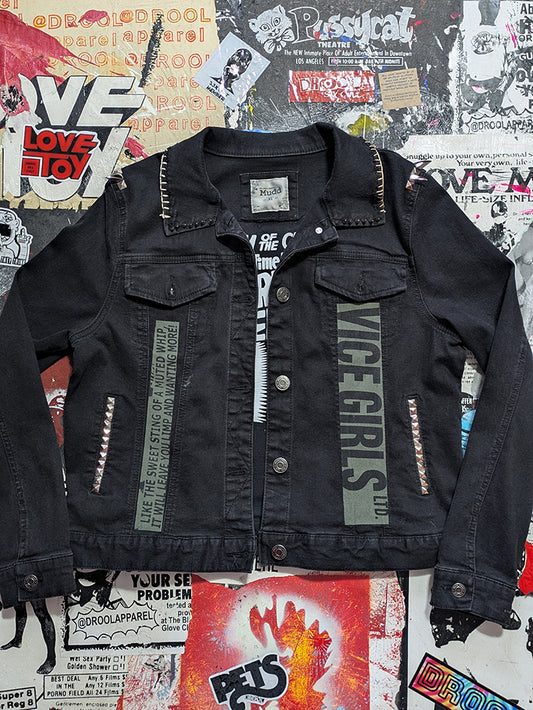FOMO Collection - Collage Mudd Vice Girls / Face hand studded, hand stitched Denim Jacket - XL - 11936