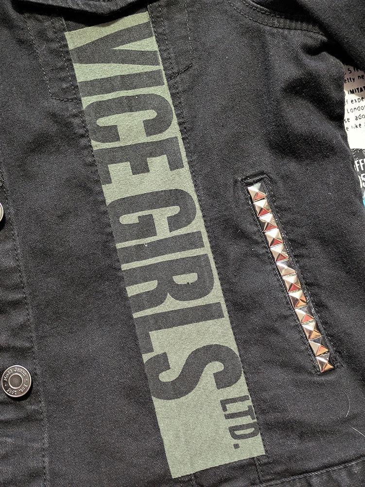 FOMO Collection - Collage Mudd Vice Girls / Face hand studded, hand stitched Denim Jacket - XL - 11936