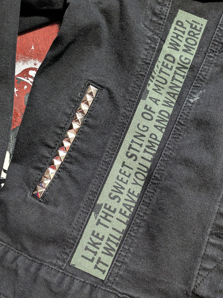 FOMO Collection - Collage Mudd Vice Girls / Face hand studded, hand stitched Denim Jacket - XL - 11936