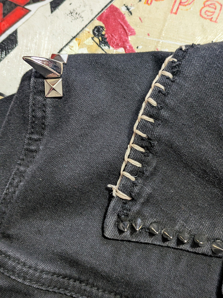 FOMO Collection - Collage Mudd Vice Girls / Face hand studded, hand stitched Denim Jacket - XL - 11936