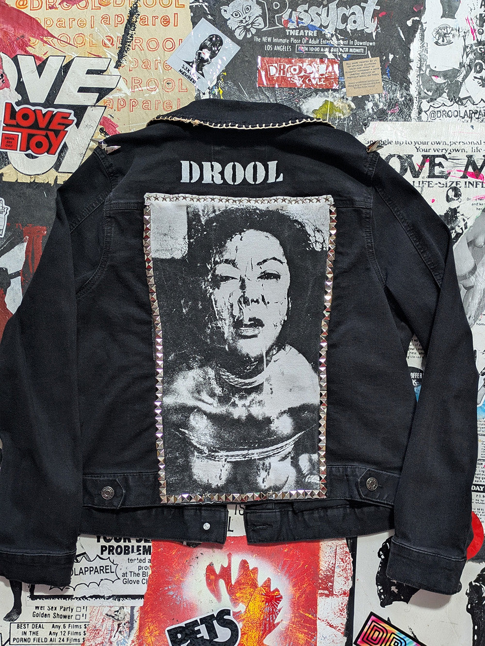 FOMO Collection - Collage Mudd Vice Girls / Face hand studded, hand stitched Denim Jacket - XL - 11936