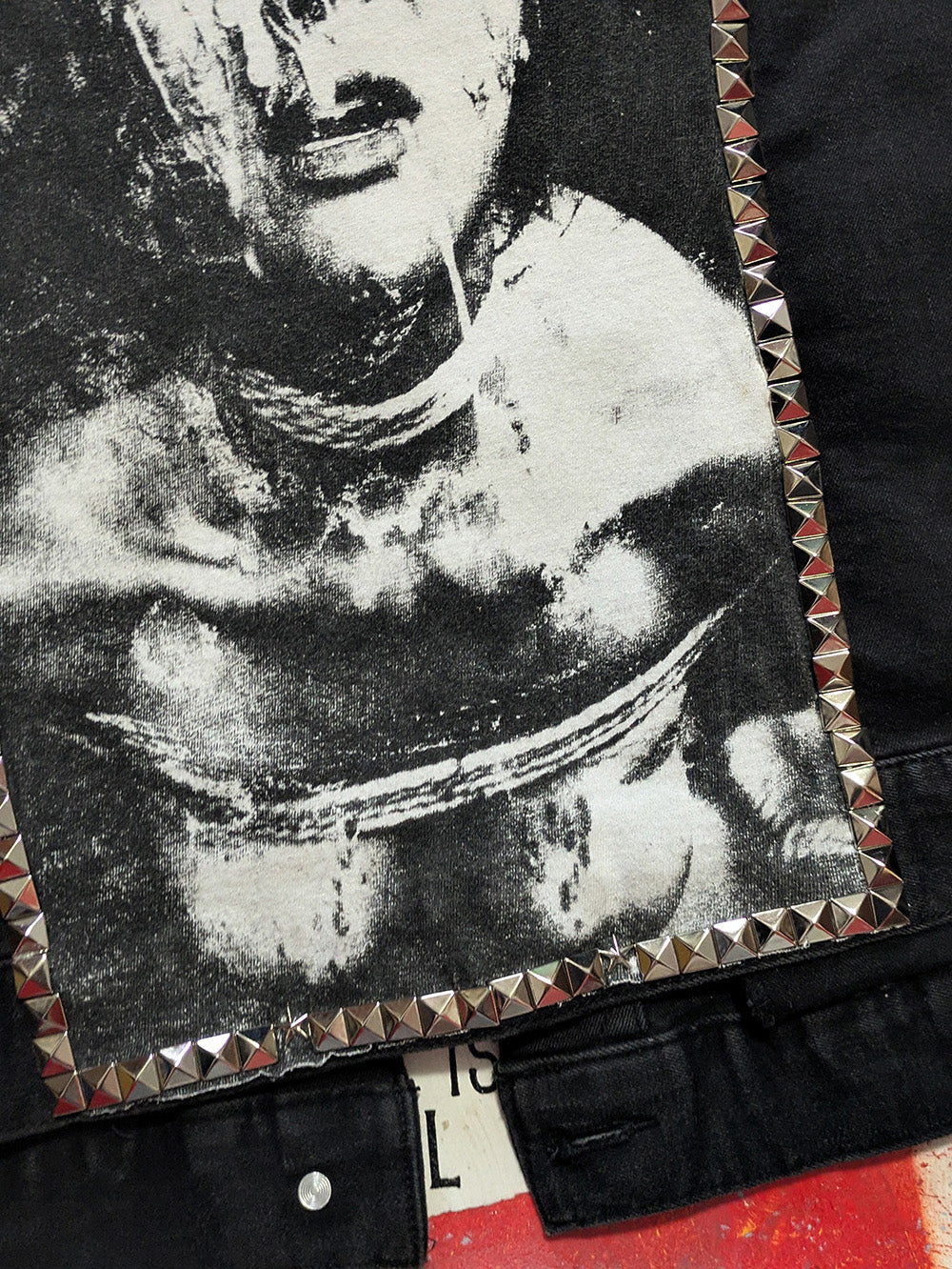 FOMO Collection - Collage Mudd Vice Girls / Face hand studded, hand stitched Denim Jacket - XL - 11936