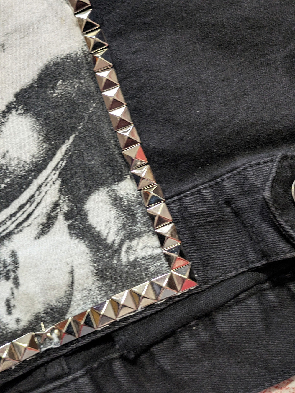 FOMO Collection - Collage Mudd Vice Girls / Face hand studded, hand stitched Denim Jacket - XL - 11936