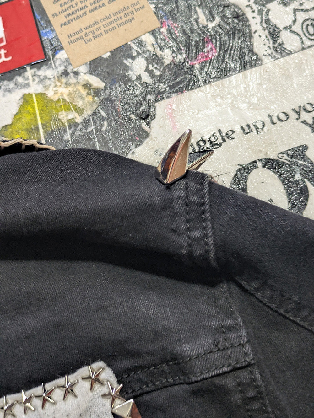 FOMO Collection - Collage Mudd Vice Girls / Face hand studded, hand stitched Denim Jacket - XL - 11936