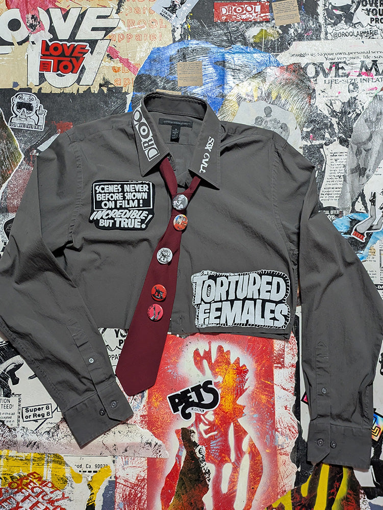 FOMO Collection - Tortured Females / Come Play With Me Raw Cut Button Up Shirt w Tie & handmade Drool Buttons  - M - 12228