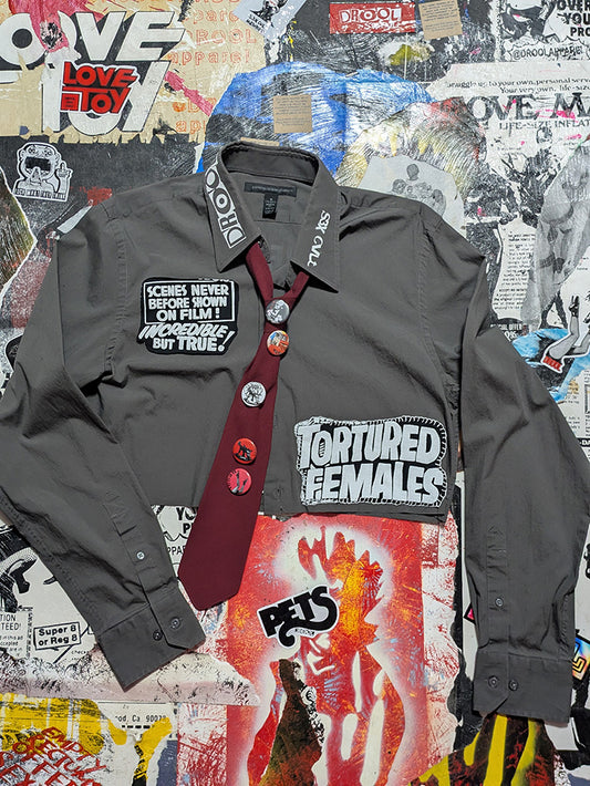 FOMO Collection - Tortured Females / Come Play With Me Raw Cut Button Up Shirt w Tie & handmade Drool Buttons  - M - 12228