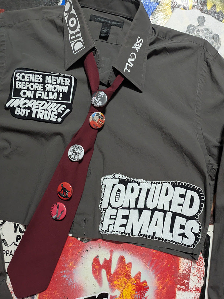 FOMO Collection - Tortured Females / Come Play With Me Raw Cut Button Up Shirt w Tie & handmade Drool Buttons  - M - 12228