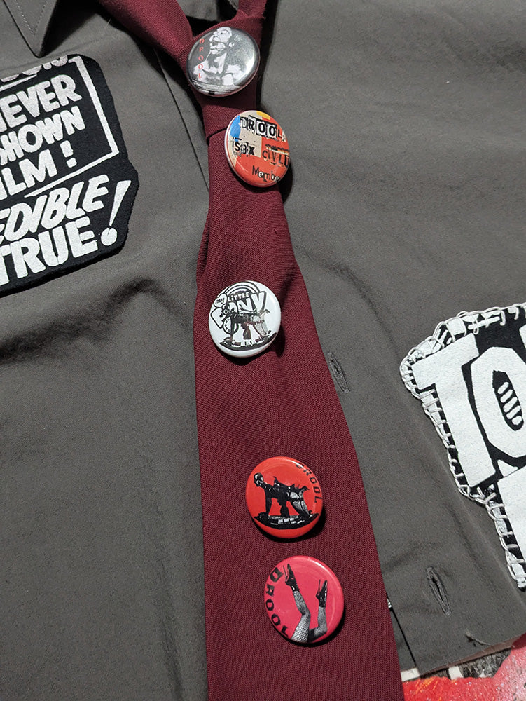 FOMO Collection - Tortured Females / Come Play With Me Raw Cut Button Up Shirt w Tie & handmade Drool Buttons  - M - 12228