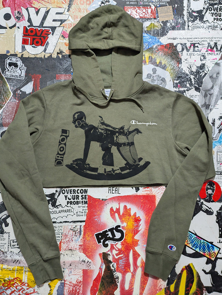 FOMO Collection - Champion Rubber Pony Raw Cut Crop Top Hoodie - M - 12424