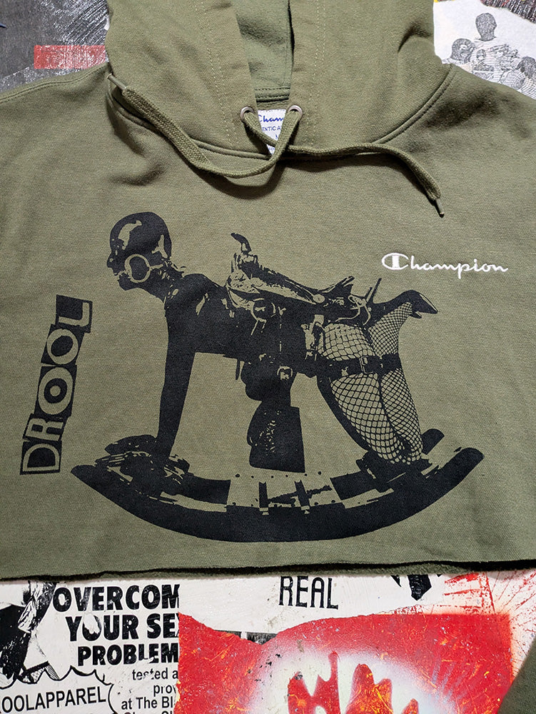 FOMO Collection - Champion Rubber Pony Raw Cut Crop Top Hoodie - M - 12424