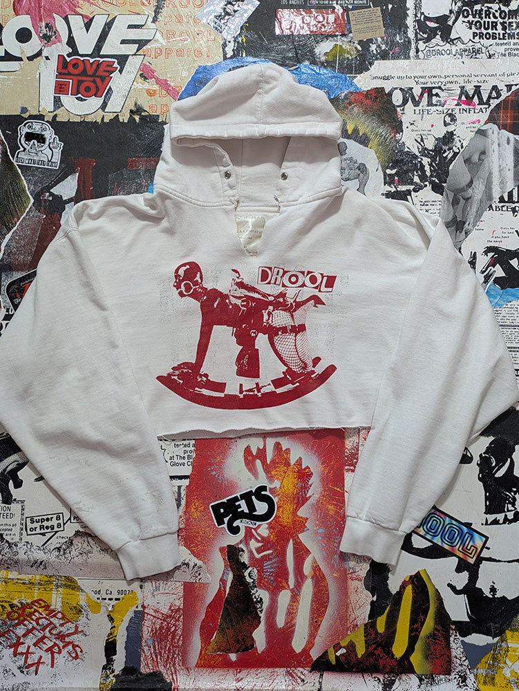 FOMO Collection - DISTRESSED Rubber Pony Raw Cut Crop Top Hoodie  - XL - 12726