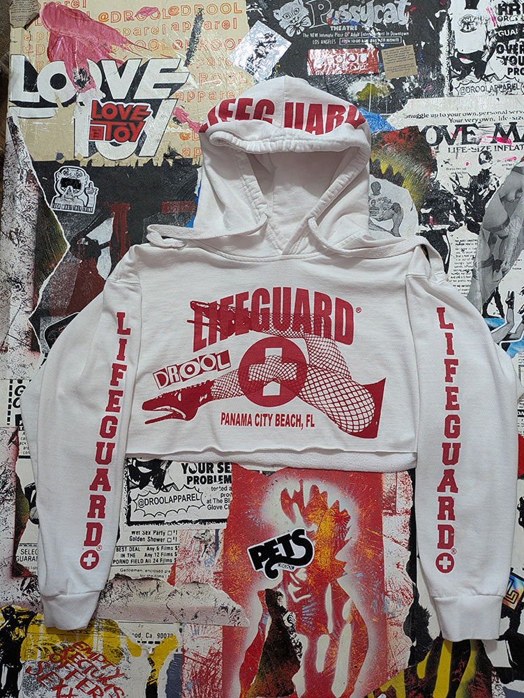 FOMO Collection - DISTRESSED Lifeguard Legs Raw Cut Crop Top Hoodie  - L - 12727
