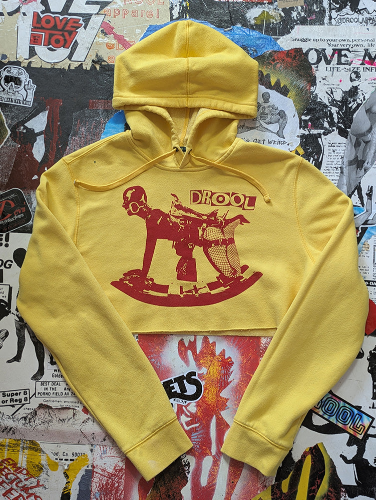 FOMO Collection - DISTRESSED Rubber Pony Raw Cut Crop Top Hoodie - M - 12829