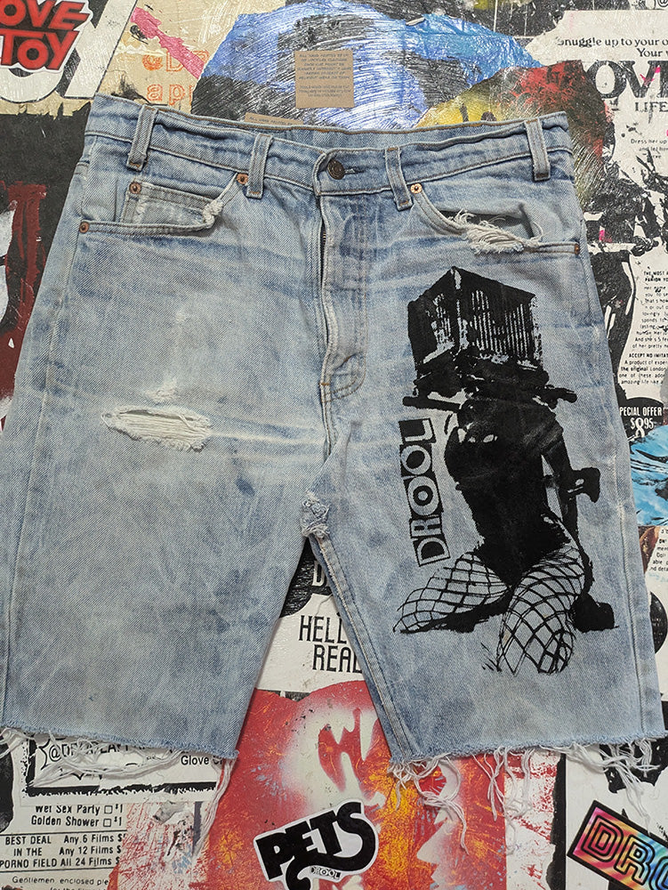 FOMO Collection - DISTRESSED Vintage Made in USA(orange tab) Levi's Box Head Raw Cut Jorts - M(Waist = 33", Inseam = 9", Length = 20.5") - 13536