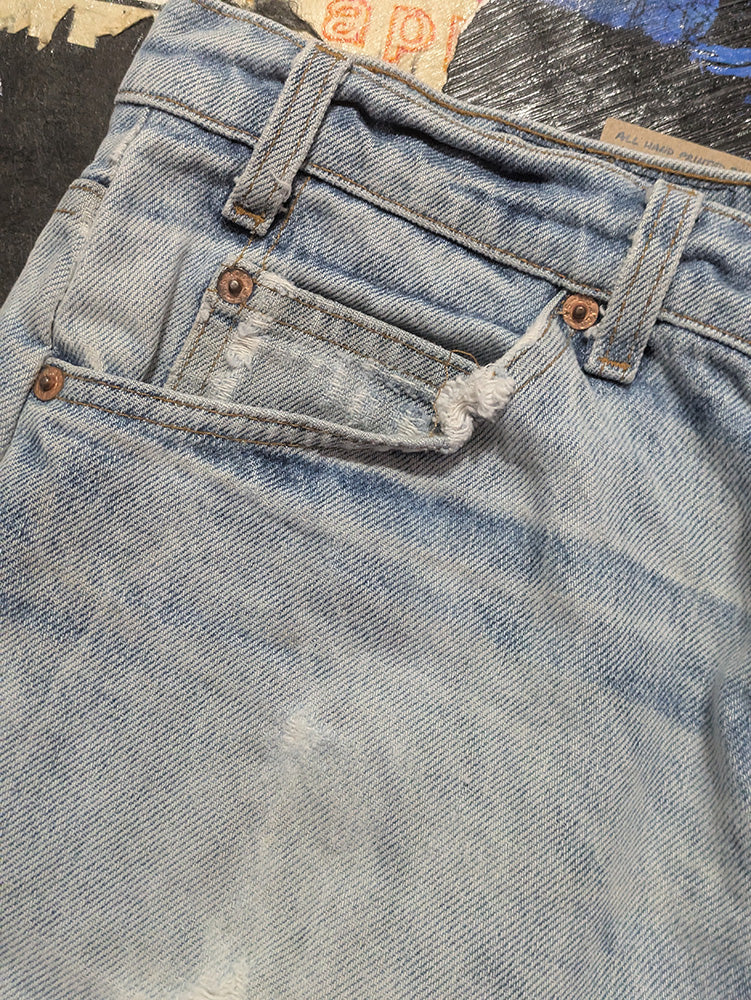 FOMO Collection - DISTRESSED Vintage Made in USA(orange tab) Levi's Box Head Raw Cut Jorts - M(Waist = 33", Inseam = 9", Length = 20.5") - 13536