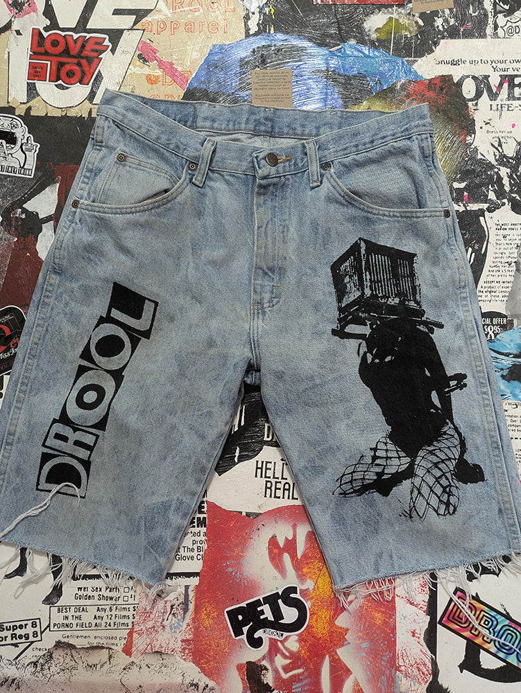 FOMO Collection - Wrangler Box Head Raw Cut Jorts - L(Waist = 34", Inseam = 11", Length = 22") - 13538