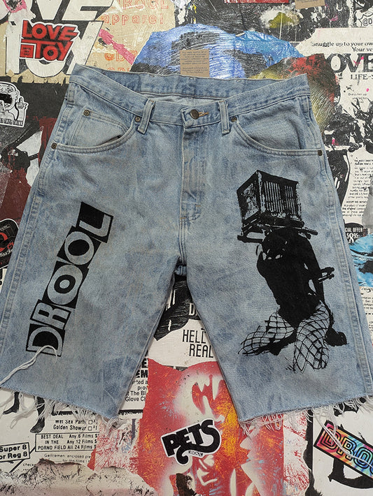 FOMO Collection - Wrangler Box Head Raw Cut Jorts - L(Waist = 34", Inseam = 11", Length = 22") - 13538