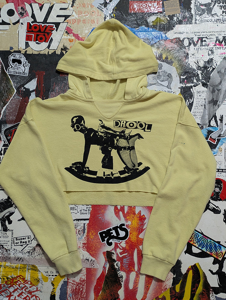 FOMO Collection - DISTRESSED Rubber Pony Raw Cut Crop Top Hoodie  - L - 13723