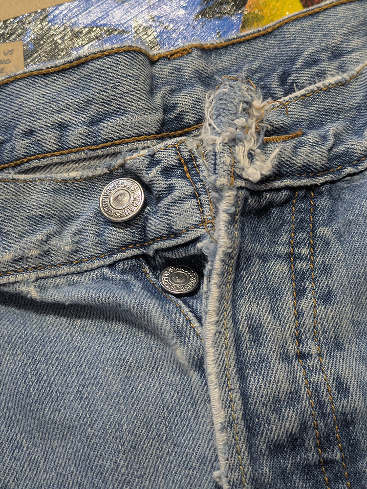 FOMO Collection - DISTRESSED Levi Button Fly Manifesto Denim Jorts  - waist = 38" - 1382