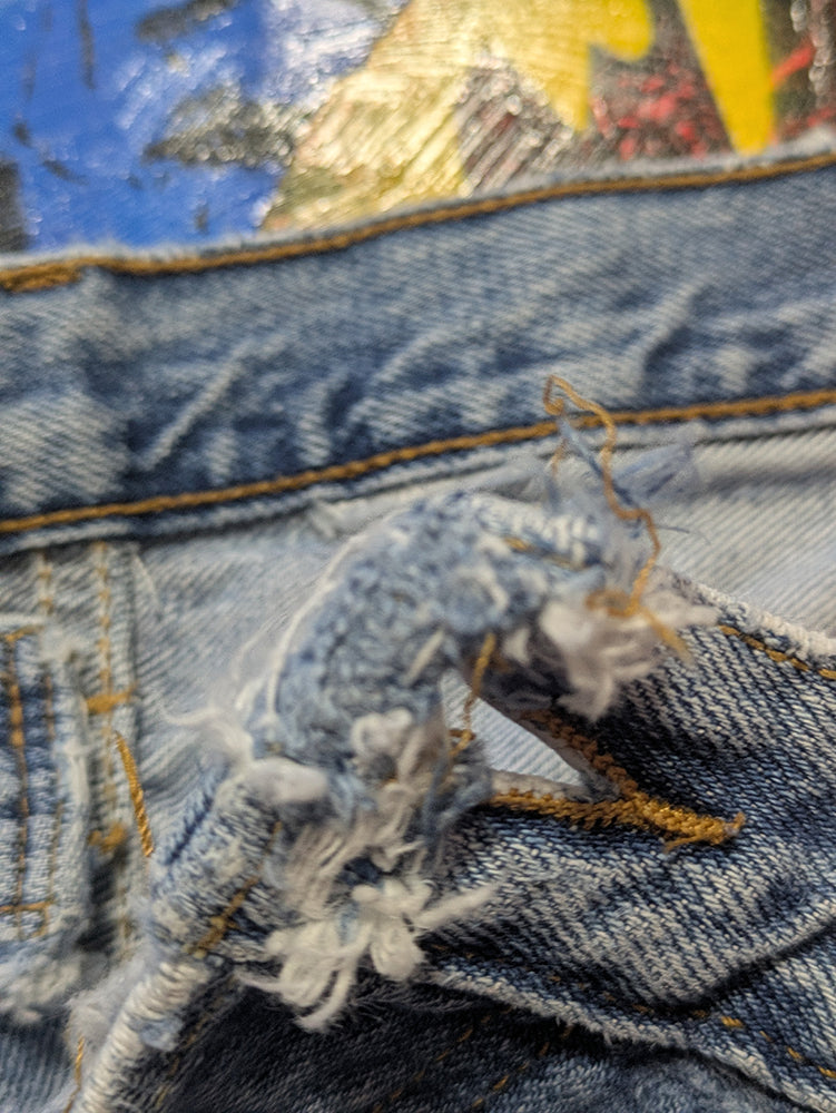 FOMO Collection - DISTRESSED Levi Button Fly Manifesto Denim Jorts  - waist = 38" - 1382