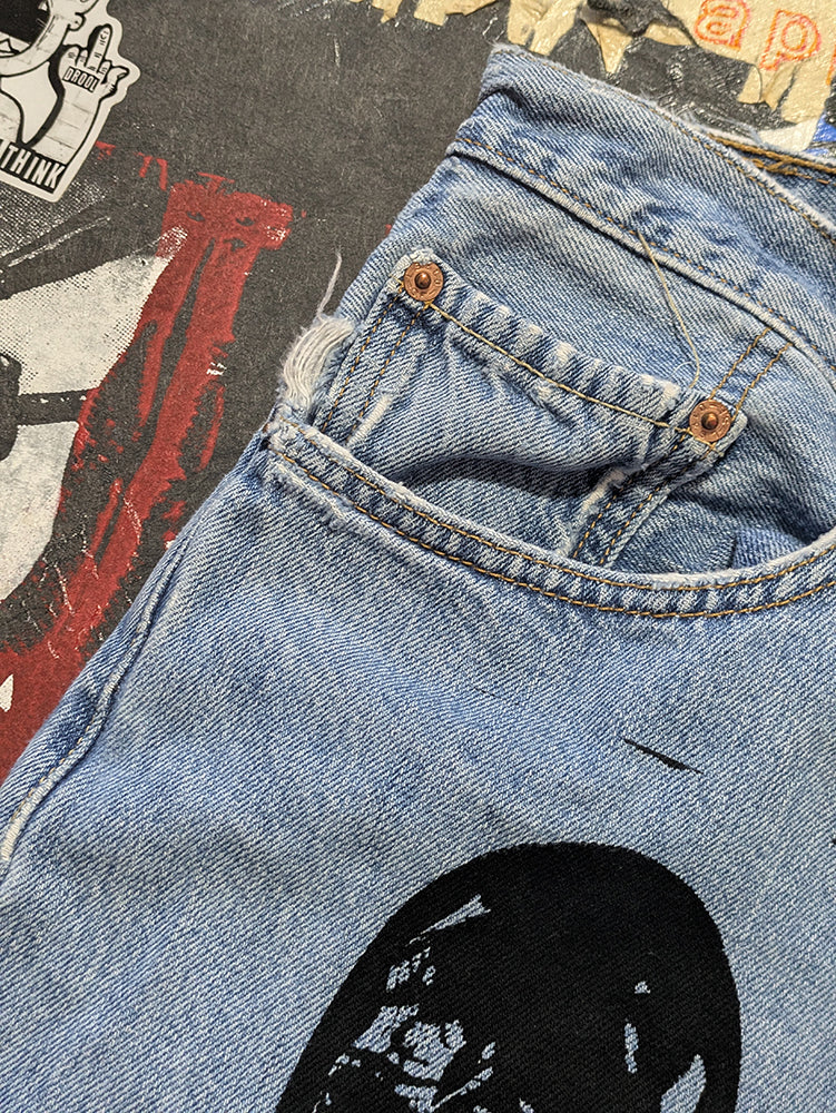 FOMO Collection - DISTRESSED Levi Button Fly Manifesto Denim Jorts  - waist = 38" - 1382