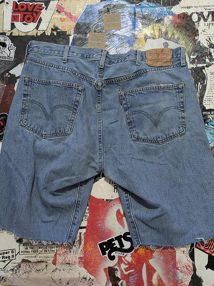 FOMO Collection - DISTRESSED Levi Button Fly Manifesto Denim Jorts  - waist = 38" - 1382