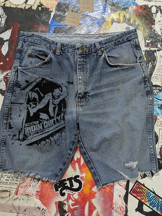 FOMO Collection - Wrangler Ridin Dirty Denim Jorts  - waist = 34" - 13810