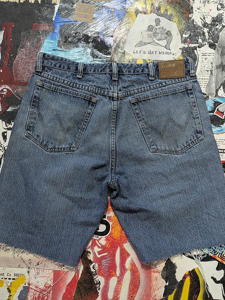 FOMO Collection - Wrangler Ridin Dirty Denim Jorts  - waist = 34" - 13810