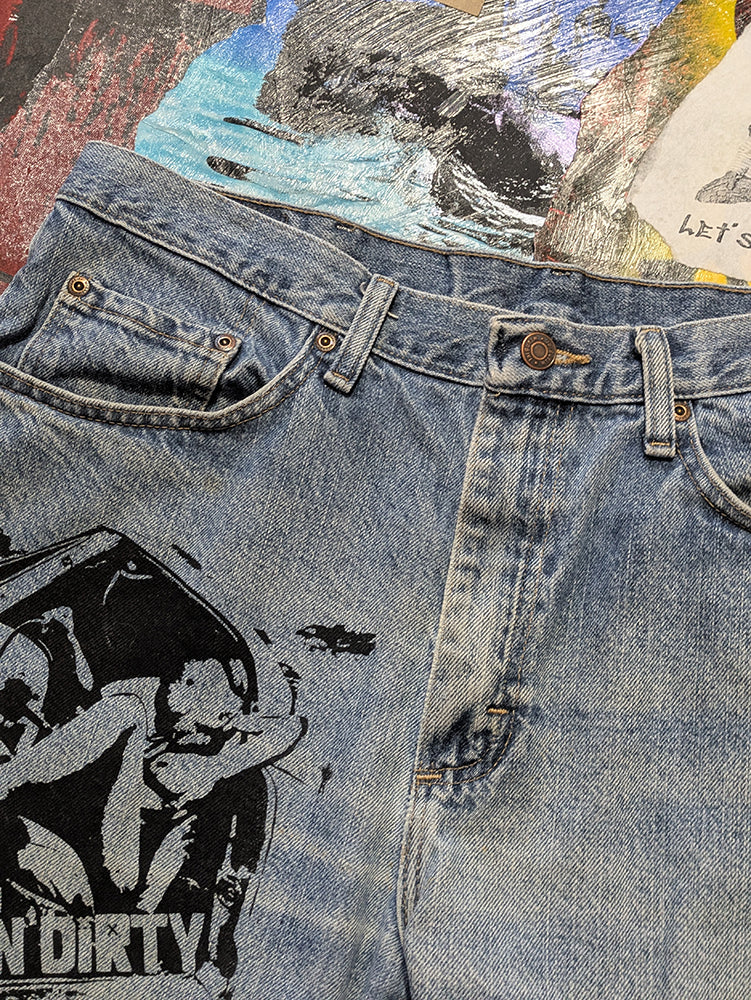FOMO Collection - Wrangler Ridin Dirty Denim Jorts  - waist = 35" - 13811