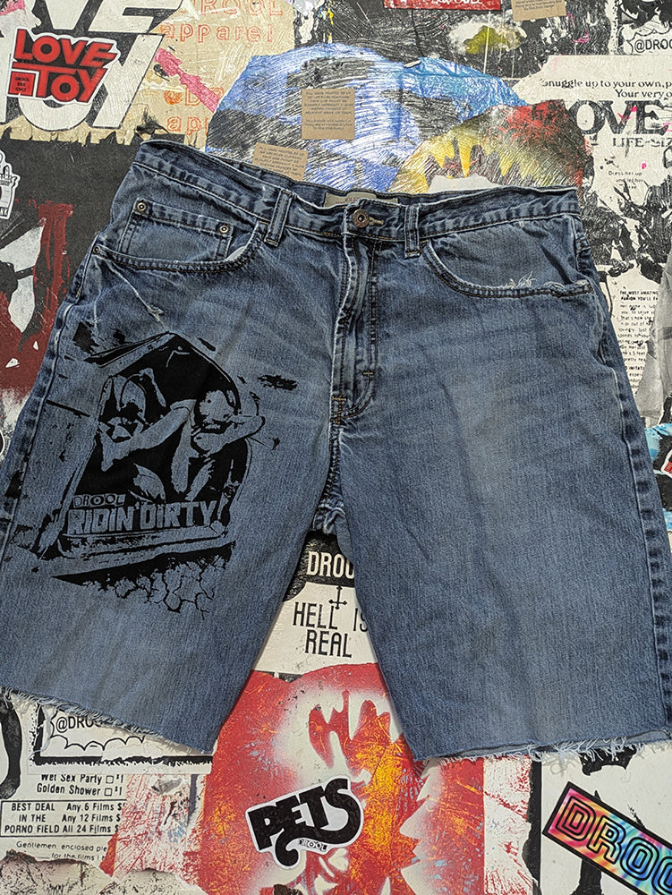 FOMO Collection - Wrangler Ridin Dirty Denim Jorts  - waist = 34" - 13812