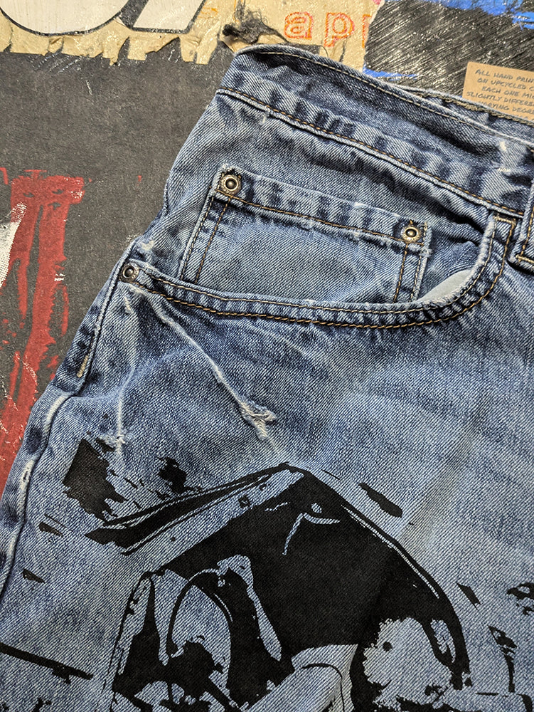 FOMO Collection - Wrangler Ridin Dirty Denim Jorts  - waist = 34" - 13812