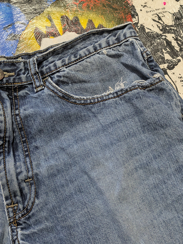 FOMO Collection - Wrangler Ridin Dirty Denim Jorts  - waist = 34" - 13812